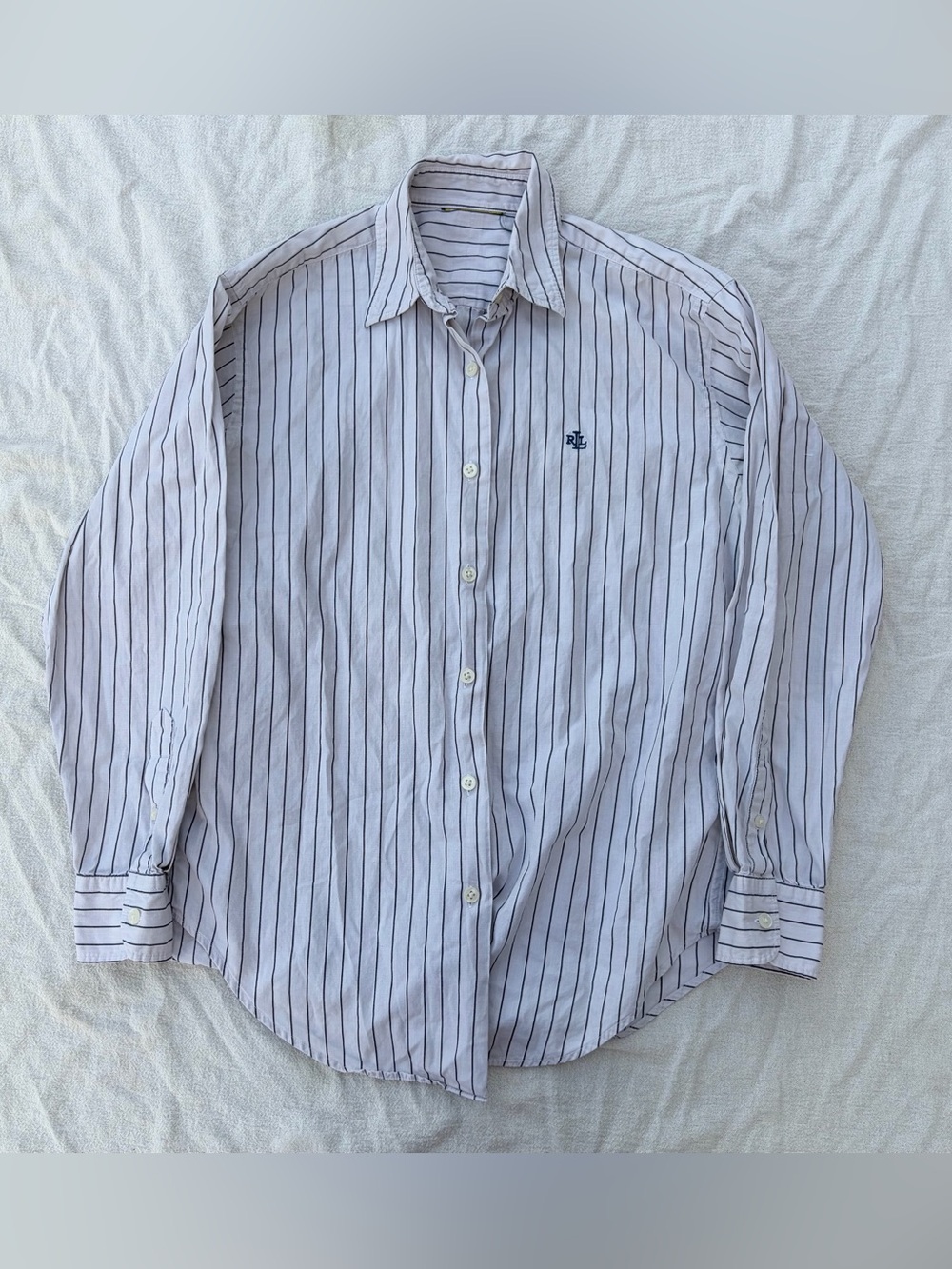 Lauren Ralph Lauren White Striped Button Down Shirt w/ Embroidered Logo